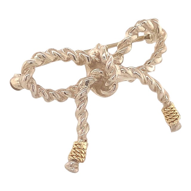 Late 20th Century Tiffany & Co Estate Twisted Rope Bow Brooch Pin Silver + 14k Gold 5.8 Gr For Sale