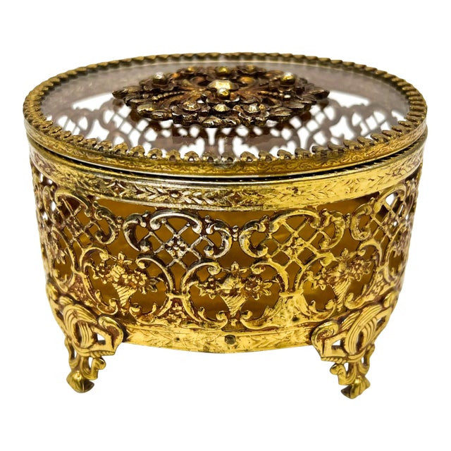 Vintage Gilt Ormolu Jewelry Casket Box With Beveled Glass Lid – French Regency / Hollywood Regency For Sale