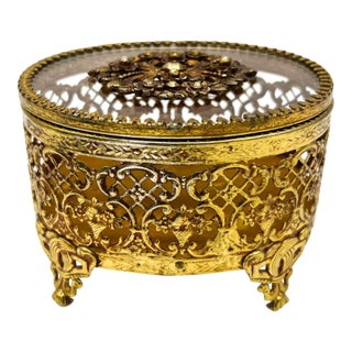 Vintage Gilt Ormolu Jewelry Casket With Beveled Glass Lid – French Regency / Hollywood Regency For Sale