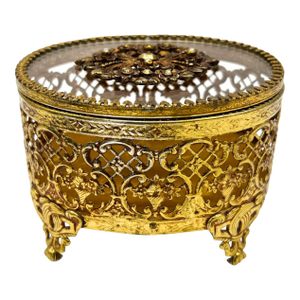 Vintage Gilt Ormolu Jewelry Casket With Beveled Glass Lid – French Regency / Hollywood Regency