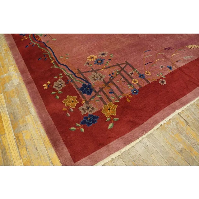 1920s 1920s Pink Rose Open Floral Vase Antique Chinese Art Deco Carpet 9' X 11' 7" Knotted Wool Rug For Sale - Image 5 of 12