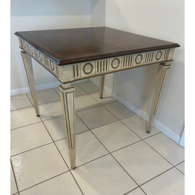 Wood 1960s Hollywood Regency Style Game Table by Heritage Furniture-Neoclassical Parquetry Side Table-Gilt Accented Square Dinner Table For Sale - Image 7 of 11