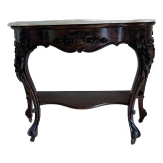 Antique Mahogany Bombe Marble Top 2-Tiered Console/ Sofa Table For Sale