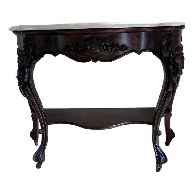 Antique Mahogany Bombe Marble Top 2-Tiered Console/ Sofa Table For Sale