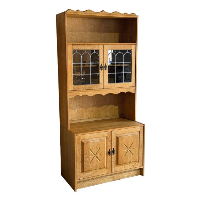 Vintage Oak High Cabinet With Glass Door Hutch Display Storage Unit 1970s For Sale