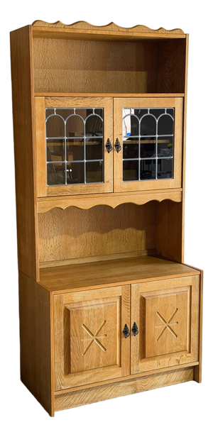 Vintage Oak High Cabinet With Glass Door Hutch Display Storage Unit 1970s