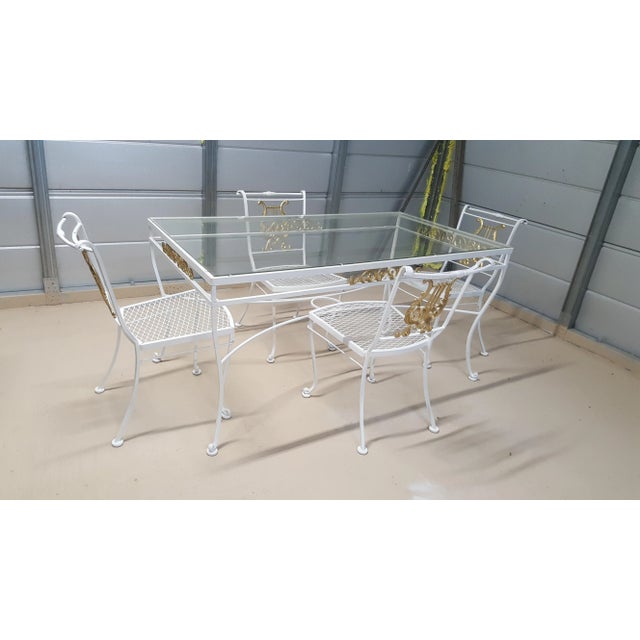 Wrought Iron & Aluminum Dining Table & 4 White & Gold Lyre Back Chairs For Sale - Image 10 of 10