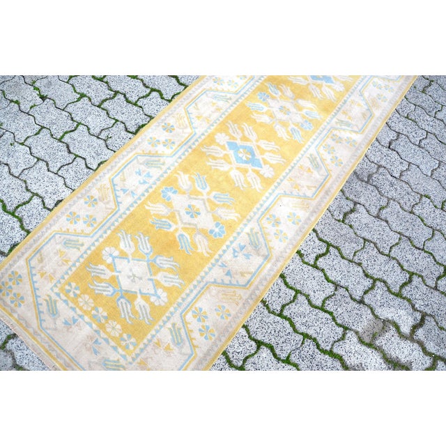 Tribal 1960s Floral Design Beige-Yellow Handmade Runner Rug For Sale - Image 3 of 11