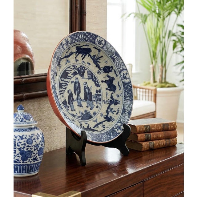 Antique Chinese Blue & White Porcelain Bowl With Rare Coral Glaze Exterior – Qing Dynasty Scholar Motif – Late 19th Century For Sale In Dallas - Image 6 of 14