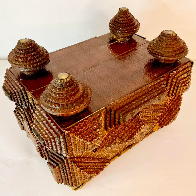 1890s Antique Folk Art Americana Tramp Art Star Design Ottoman Footstool For Sale - Image 15 of 16