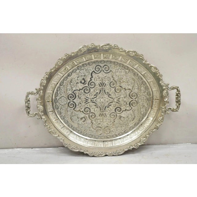 Victorian Mid 20th Century Large Victorian Style Oval Silver Plated Serving Platter Tray Raised on Feet For Sale - Image 3 of 12