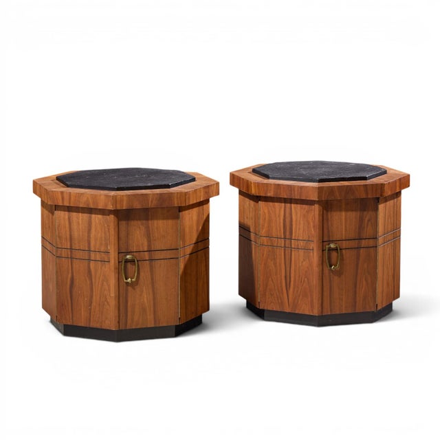 Jack Cartwright for Founders Style Mid Century Walnut and Slate Side Tables - Pair This side table measures: 24 wide x 24...