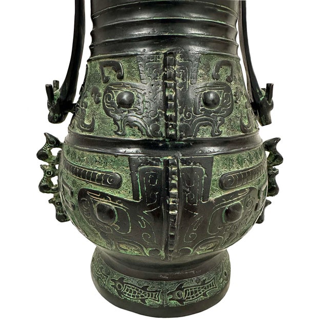 Chinese Vintage Reproduction Chinese Bronze Ritual Wine Vessel For Sale - Image 3 of 14
