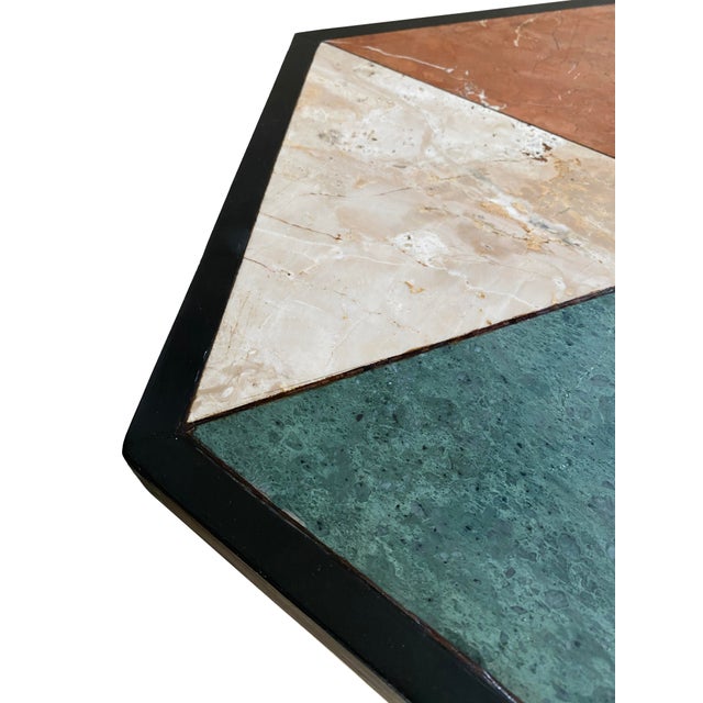 Mid-Century English Gothic Style Iron Side Table With Hexagonal Marble Inlay Top For Sale - Image 4 of 11