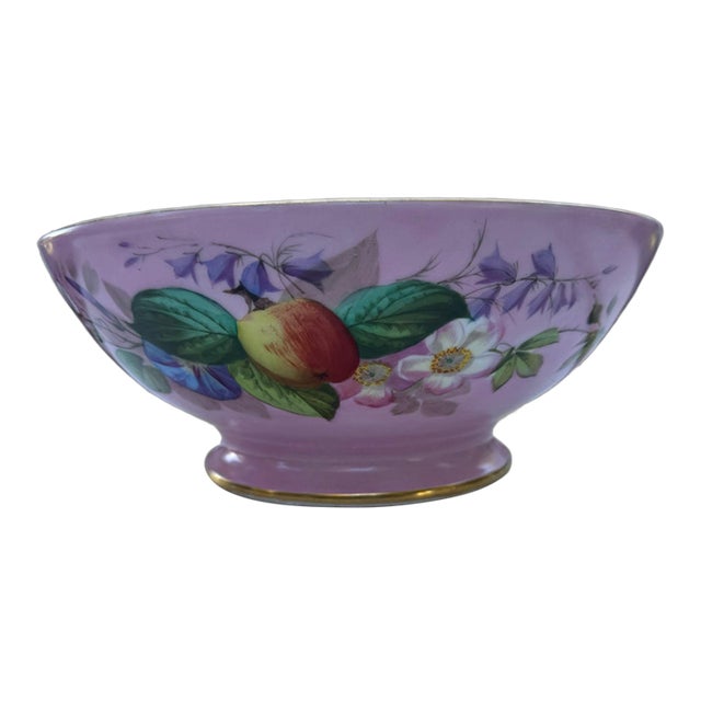 Antique Old Paris Porcelain 14.5” Punch Bowl Hand Painted Fruit Flowers Pink Gold For Sale