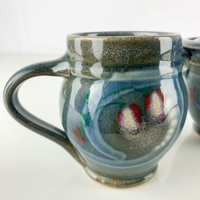 Blue Vintage Abstract Studio Pottery Mug Sugar / Honey Creamer Set Signed Blue Green For Sale - Image 8 of 12