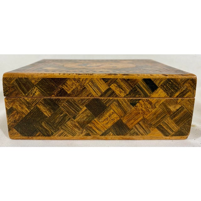 English Vintage Hand-Crafted Wooden Box With a Pair of Scotties and Beautiful Parquet Designs From England - Circa 1940 For Sale - Image 3 of 12
