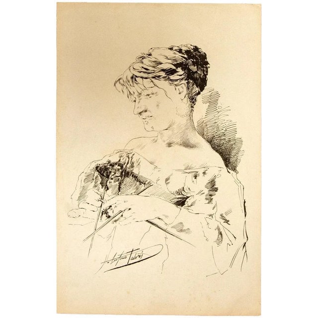 Crochet Work is an original artwork realized by Antonio Fabris, in 1880s. Beautiful Lithograph on ivory paper. Good...