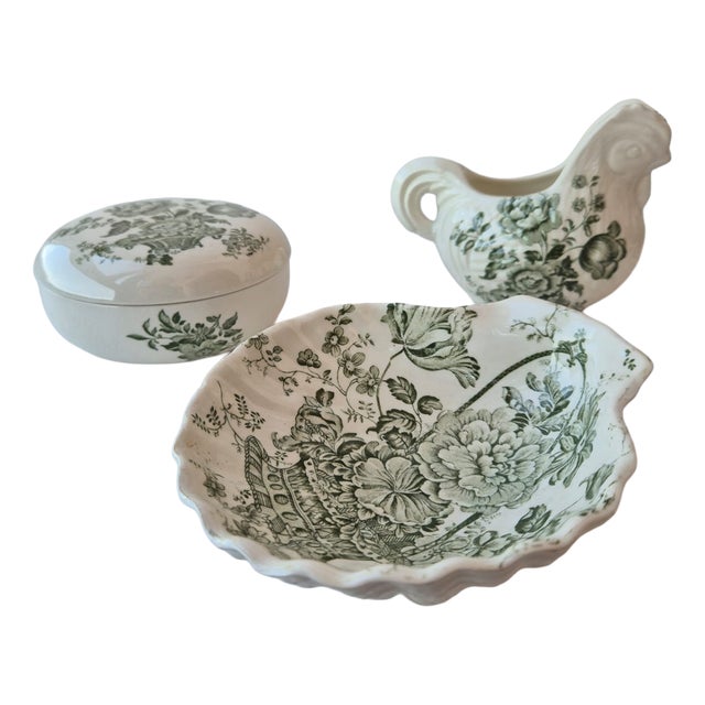 Vintage English Green Transferware Vanity Set by Crown Devon Fieldings, 1940s, Set of 3 For Sale