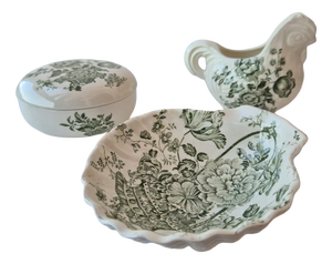Vintage English Green Transferware Vanity Set by Crown Devon Fieldings, 1940s, Set of 3