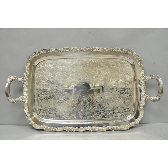 Vintage Oneida Victorian Silver Plated Etched Butlers Serving Platter Bar Tray For Sale - Image 9 of 15