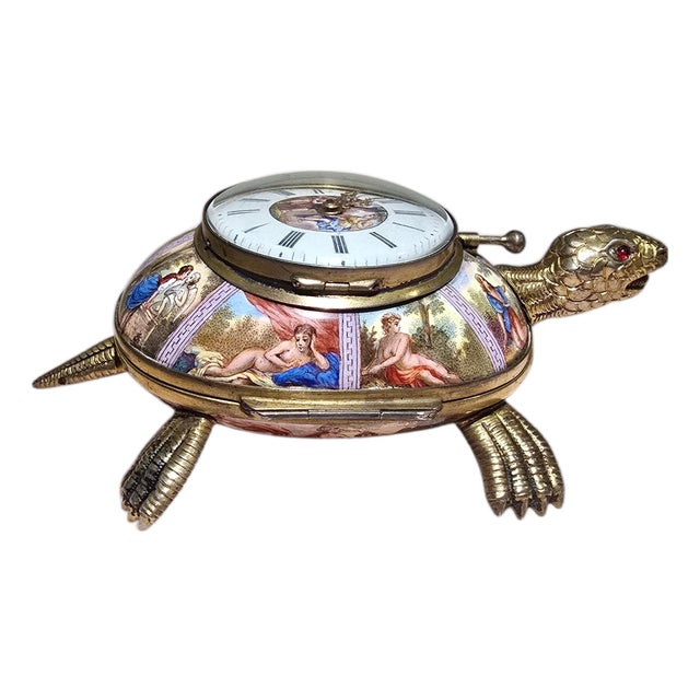 Enamel and Gilt Metal Tortoise-Shaped Repeater Clock with Mythologi, 1800s For Sale