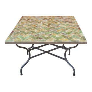 40" Handmade Moroccan Square Mosaic Table, Yellow Tamegrout, Chevron Style For Sale