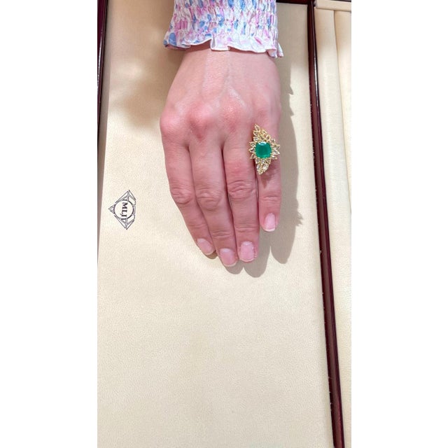 5.82 Ct Natural Colombian Cushion Cut Emerald & 3 Ct RoseCut Diamond Ring 18 Kt, Size 6 For Sale - Image 11 of 18