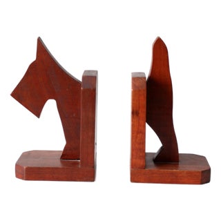 Vintage Carved Wood Dog Bookends Pair For Sale