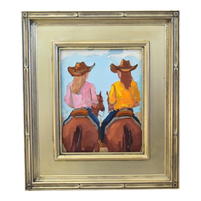 Western Cowgirls & Horses Oil Painting Including the Antiqued Silver Wood Frame For Sale