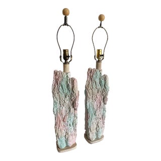 Postmodern Brutalist Pink and Green Faux Stone Three Way Table Lamps - a Pair For Sale