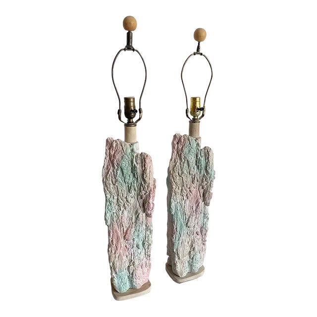 Postmodern Brutalist Pink and Green Faux Stone Three Way Table Lamps - a Pair For Sale