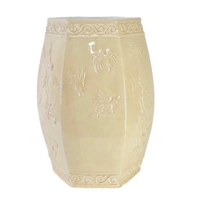 Vintage Italian Chinoiserie Ceramic Garden Seat – Cream Blanc-De-Chine Floral Hexagonal Stool, 20″ For Sale In San Francisco - Image 6 of 12