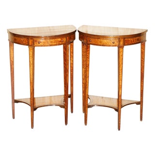 Sheraton Satinwood Demi Lune Console Tables, Set of 2 For Sale