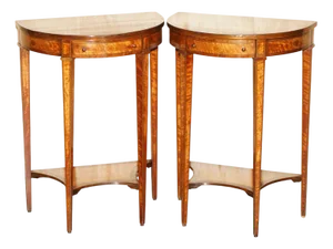 Sheraton Satinwood Demi Lune Console Tables, Set of 2