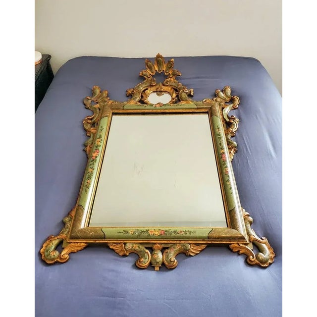 Shabby Chic Antique Venetian Rococo Style Carved Polychrome Painted Green Gilt Wood Frame Wall Mirror For Sale - Image 3 of 11