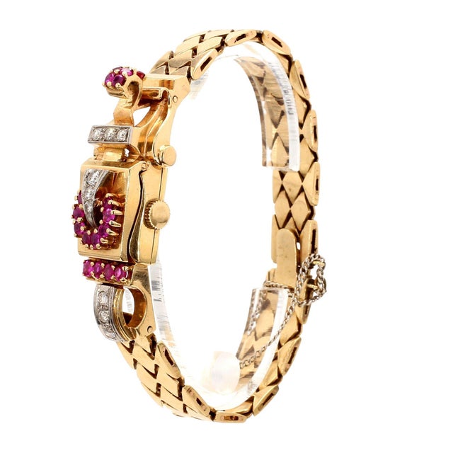 Mid 20th Century Mercedes Signed 14k Gold Ruby & Diamond Art Deco Hidden Watch Bracelet For Sale In Miami - Image 6 of 14