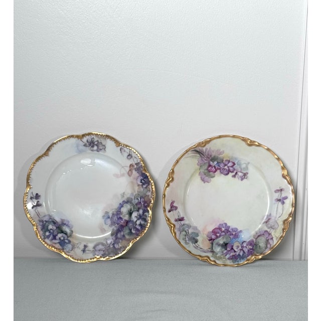 French Provincial Pair of Antique Haviland French Provencial Floral Porcelain Gold Rimmed Decorative Plates For Sale - Image 3 of 12