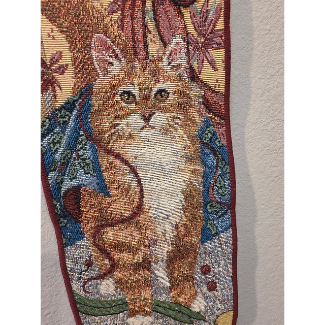 Late 20th Century Woven Tapestry Holiday Cats Bell Pull Wall Hanging For Sale - Image 4 of 12