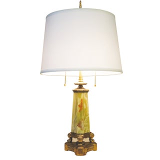 1930s Mutual Sunset Lamp Co. French Empire Deco Neoclassical Green Onyx Marble Brass Table Lamp For Sale