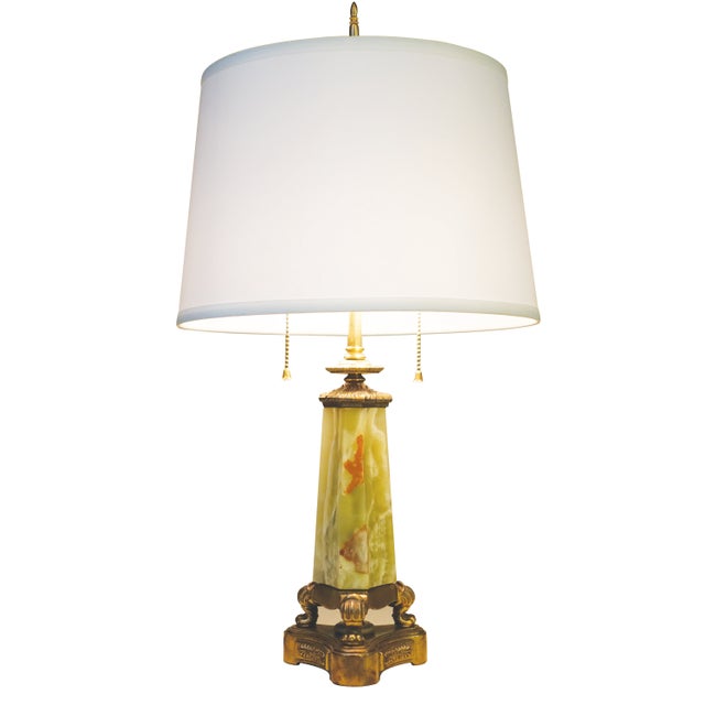 1930s Mutual Sunset Lamp Co. French Empire Deco Neoclassical Green Onyx Marble Brass Table Lamp For Sale