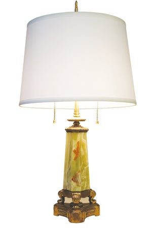 1930s Mutual Sunset Lamp Co. French Empire Deco Neoclassical Green Onyx Marble Brass Table Lamp