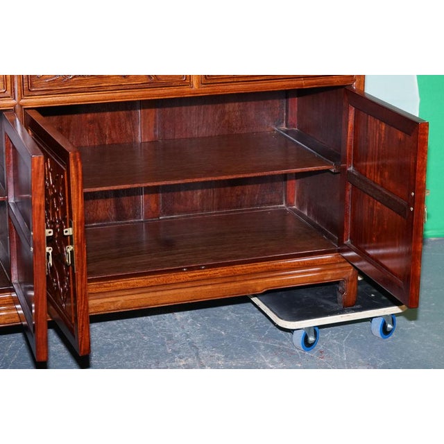 Large Vintage Oriental Chinese Carved Bookcase Display Cabinet with Lights For Sale - Image 10 of 18