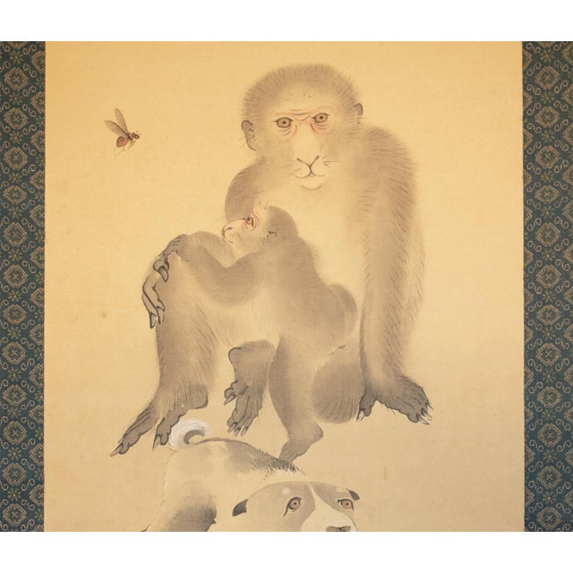 Mid 19th Century 1861 "Monkeys and Puppies" by Nakajima Kayo, Japanese Silk Scroll Painting For Sale - Image 5 of 18