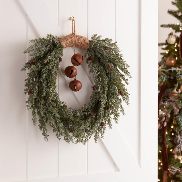 Rustic Glittered Pine with Sleigh Bell Wreath 22"D For Sale - Image 3 of 3