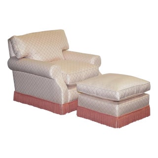 Set of English Country House Feather Filled Lounge Chair and Ottoman For Sale
