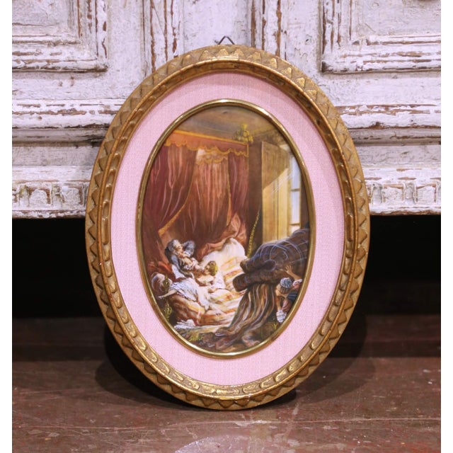 Pair Mid-Century French Painted Genre Scene Oval Glass Pendants in Gilt Frames For Sale In Dallas - Image 6 of 11