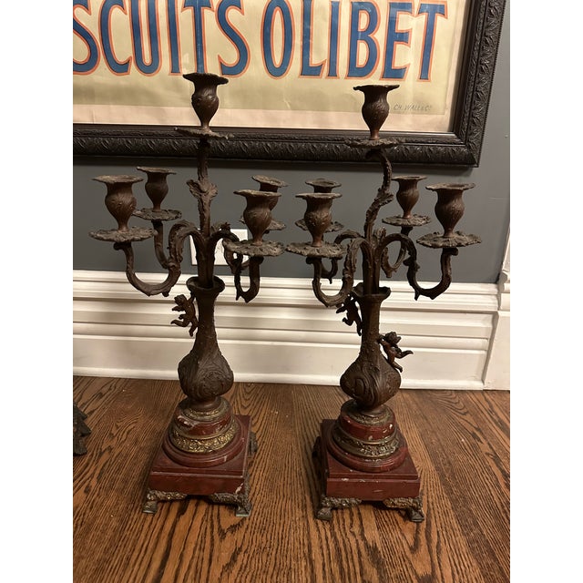 19th Century 19th Century French Patinated Bronze Spelter and Rouge Griotte Marble Candelabras Garnitures Pair For Sale - Image 5 of 12
