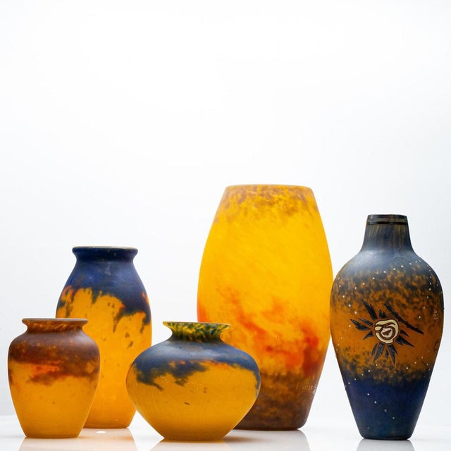Blue Vintage French Vases in Pate De Verre by Delatte and Muller Frères, 1930, Set of 5 For Sale - Image 8 of 11