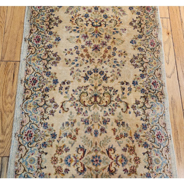 1900 - 1909 Vintage Persian Kerman Runner Rug, Hand-Knotted Wool, Allover Floral Pattern, Ivory & Blue,3x12 For Sale - Image 5 of 10